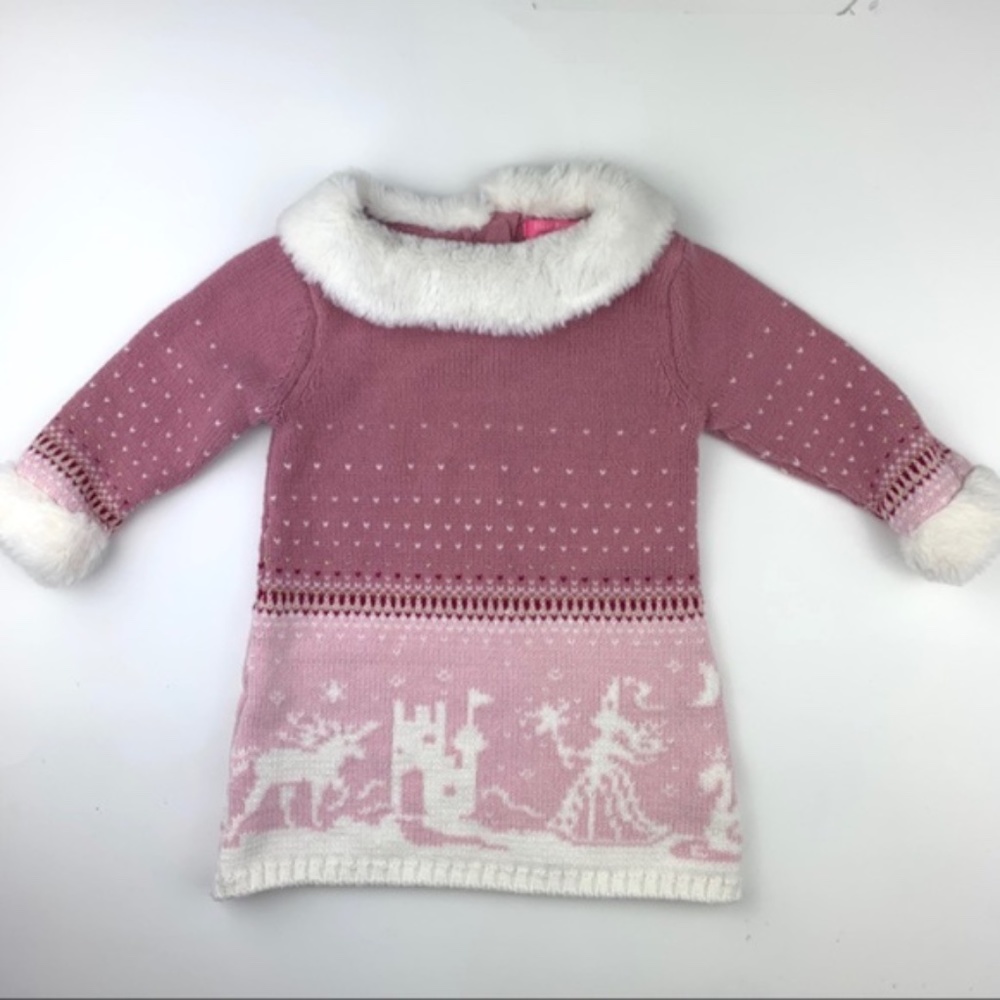 Isaac Mizrahi baby girl pink sweater dress, fairy tale castle,  3-6m